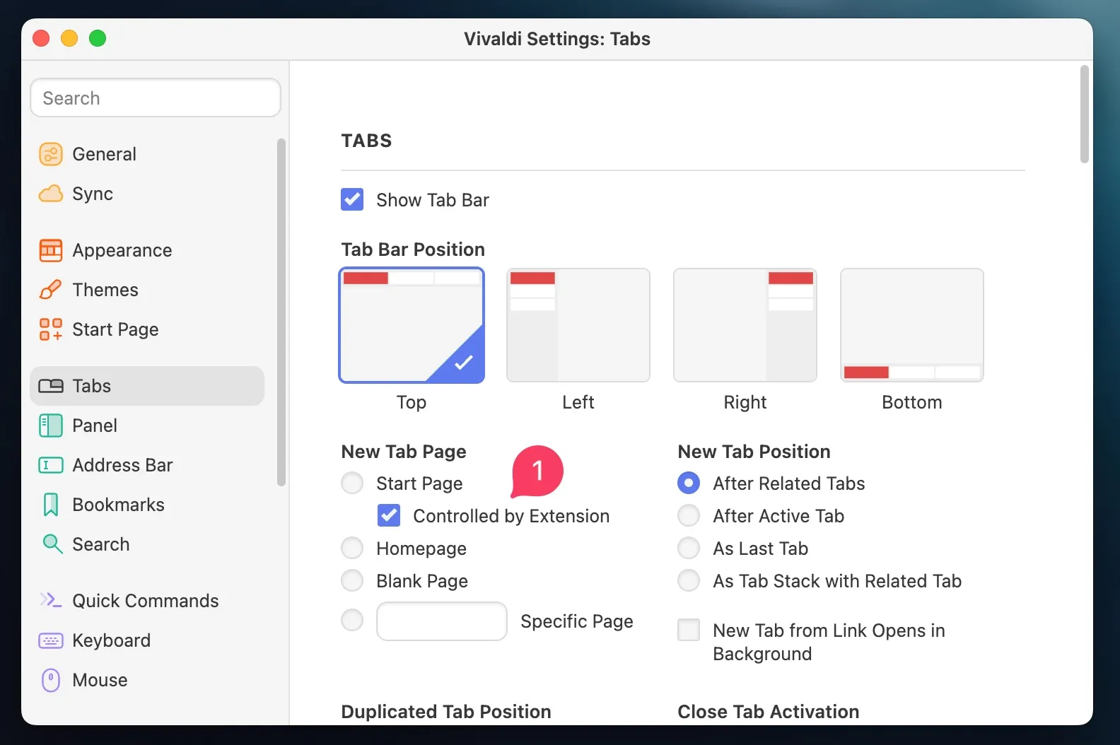 Vivaldi's Tabs settings tab
