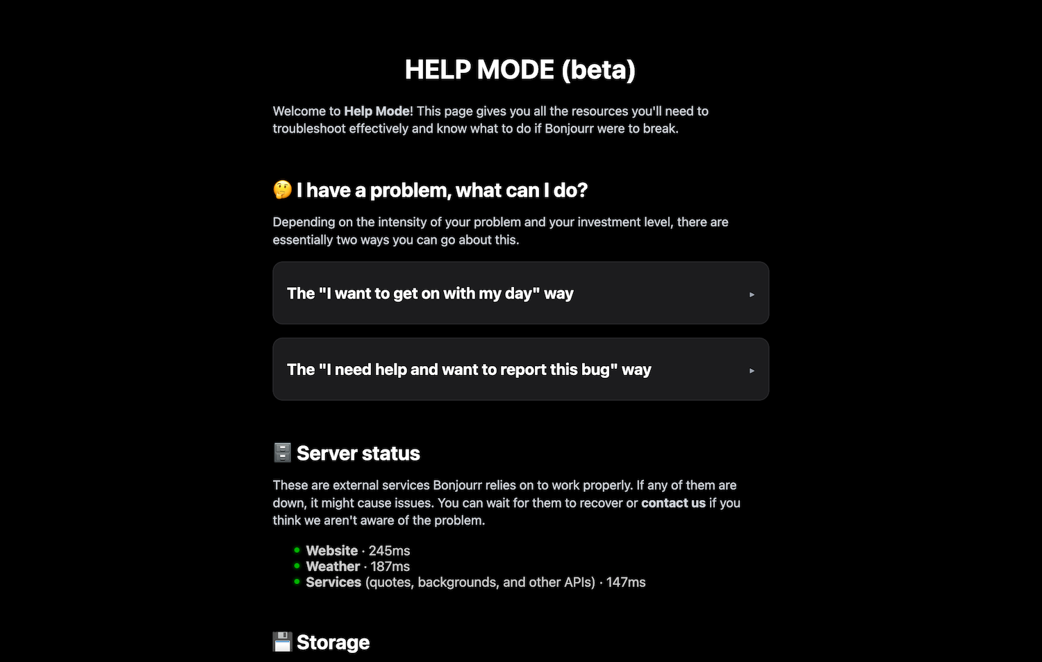 Bonjourr’s help mode page