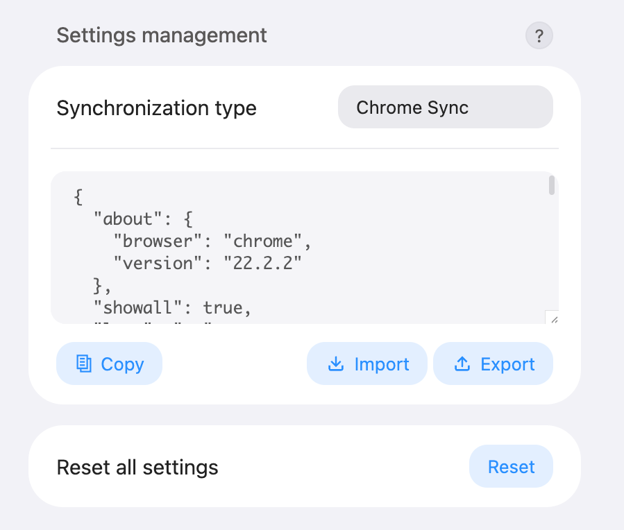 The settings management section in Bonjourr